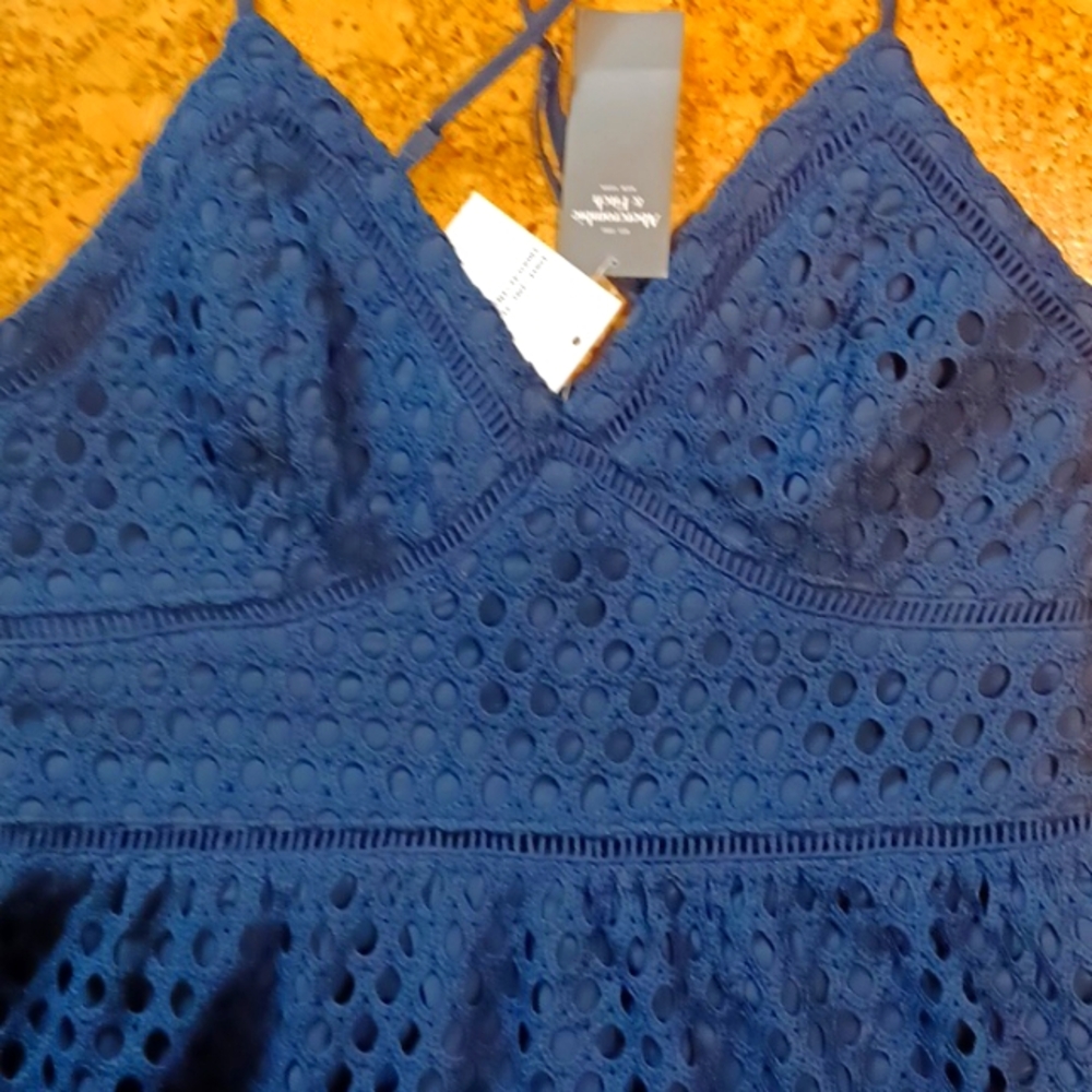 Abercrombie & Fitch Navy Spaghetti Strap Eyelet Overlay Mini Dress Size M NWT - Picture 3 of 9